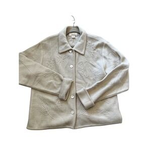 VTG Cardigan Sweater Large Wool Ivory Embroidered Floral Grandmacore Cottage